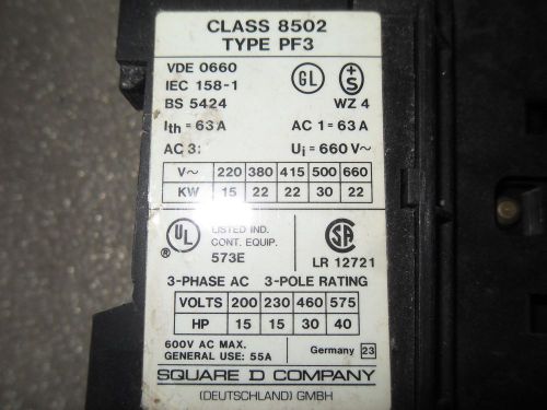 (V1-1) 1 USED SQUARE D 8502-PF3.00 CONTACTOR W/ 9065-TF29 OVERLOAD RELAY