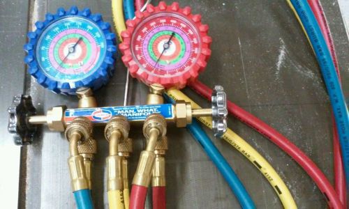 Uniweld hvac ac manifold gauges w/ 5 ft. soft magic hose set in excellent shape for sale