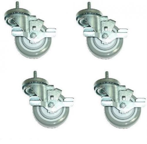 Set of 4 swivel casters with 3&#034; polyurethane wheels 3/8&#034; threaded stems &amp; brakes for sale