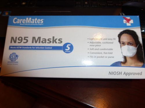 CARE MATES N95 MASK PACKAGE OF 5, NEW, NIOSH APPROVED, MEETS ASTM STANDARDS