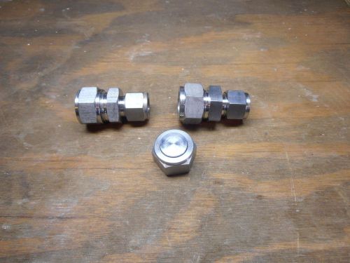 2 new swagelok ss stainless steel reducing unions 3/4&#034; x 1/2&#034; tube + 3/4&#034; cap for sale