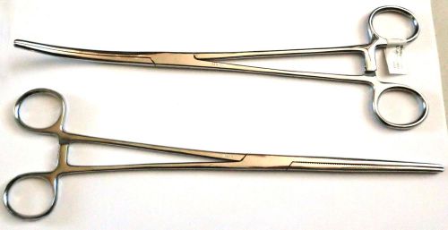 2pc 10&#034; straight + curved hemostat forceps locking clamps  stainless for sale