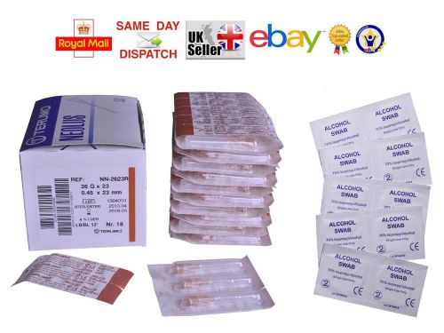 BOX 100 TERUMO NEEDLES +100 SWABS 26G BROWN 0.45x23 23mm ink BLUE FAST CHEAPEST