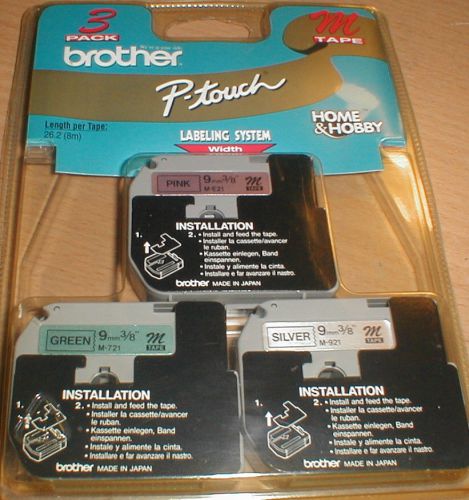New Brother P-Touch M Tape Silver, Green, Pink ME793, 9mm/8m