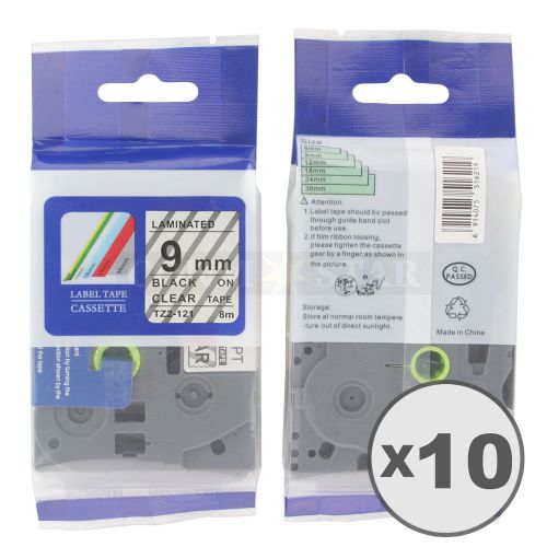 10pk Transparent on Black Tape Label for Brother P-Touch TZ TZe 121 9mm 3/8&#034;