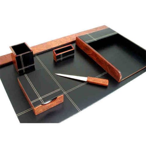 Bey-Berk Burl Wood Leather 6Pc Desk Set (New)