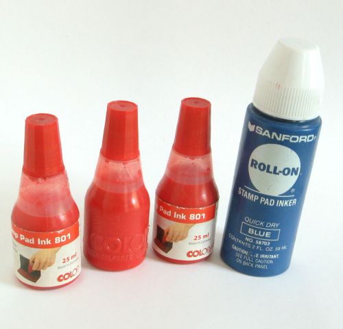 Bottles of red and blue stamp pad ink / self-inking stamp refill ink for sale