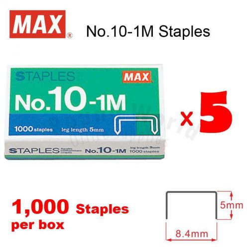 5 Box lot Staples- MAX No.10-1M Staple (1,000 staples) for Office Stapler