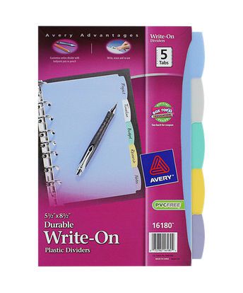 Avery Plastic Durable Write-On Dividers, 5.5 x 8.5 Inches, 5 Tabs, 1 Set (16180)