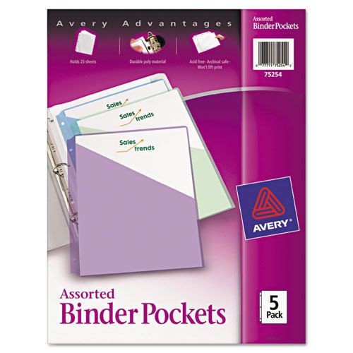 Binder pockets, 8-1/2 x 11, assorted colors, 5 pockets/pack for sale