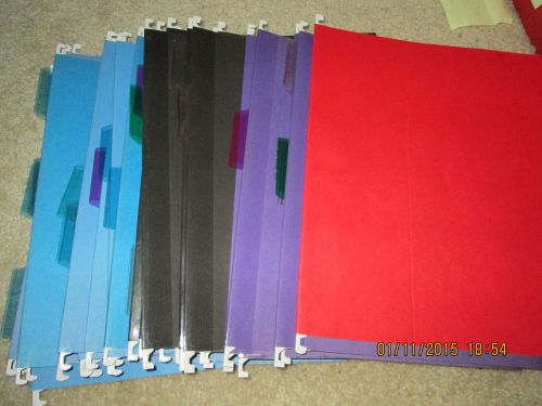 Hanging File Folders lot of 32 used all with 24 label tabs, purple,blk, red, blu