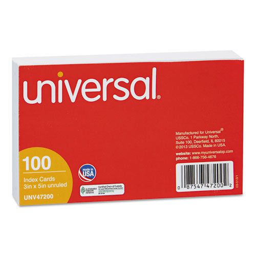 Universal Unruled Index Cards, 3 x 5, White, 100/Pack, PK - UNV47200