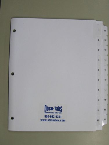 20 sets # 1-20 Numbered Index Tab Dividers NO HOLES