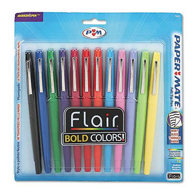 Flair Porous Point Stick Pen, Assorted Ink, Medium, Dozen