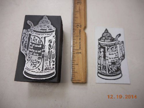 Letterpress Printing Printers Block, Beer Stein w &#034;Here&#039;s to&#034; partial Toast
