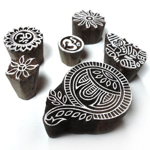 Assorted Hand Carved Wooden Designs Tags for Block Printing (Set of 6)