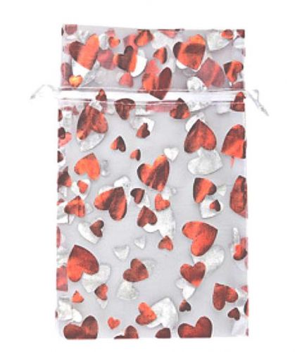 Organza bags, White with Red Hearts, 1 3/4&#034;x 2&#034;, 144 Pack