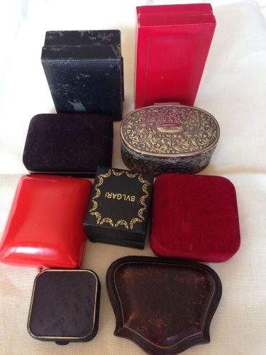 9 assorted jewelry/trinket boxes- leatherette &amp; velvet incl. antique &amp; bulgari for sale