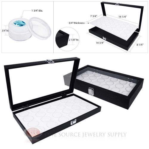 (2) black wooden glass top display cases w/ 2 white 24 gem jar gemstone inserts for sale