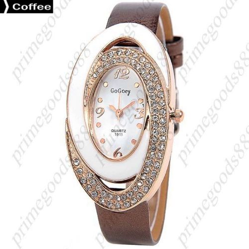 Oval Analog Rhinestones PU Leather Quartz Ladies Wrist Wristwatch Women&#039;s Coffee