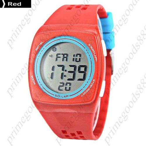 Sport Square Digital LCD Wrist Wristwatch Silica Gel Band Sports Unisex Red