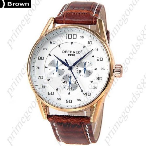 Sub Dials Genuine Leather Quartz Analog Free Shipping Men&#039;s Wristwatch Brown