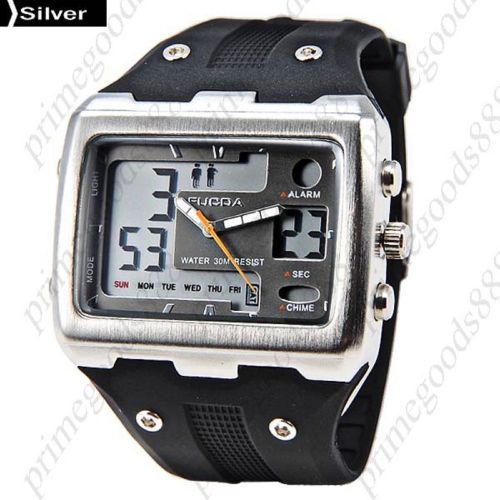 Square rubber analog digital quartz alarm stopwatch date men&#039;s wristwatch silver for sale