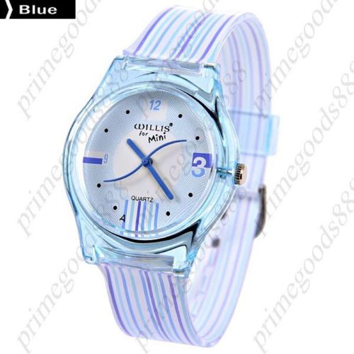 Round Stripes Rubber Band Lady Ladies Wrist Quartz Wristwatch Women&#039;s Blue