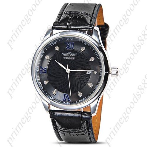 PU Leather Band Date Auto Automatic Mechanical Analog Men&#039;s Wristwatch Black