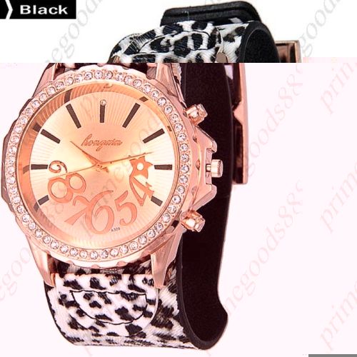 Leopard Rhinestones PU Leather Analog Quartz Wrist Wristwatch Women&#039;s Black