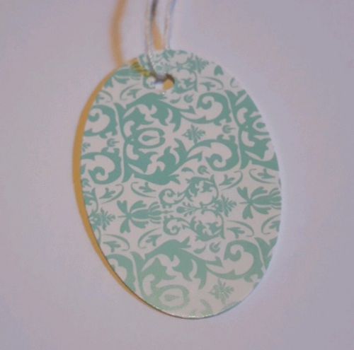 100  3 1/2x2 1/4&#034;Aqua And White damask Large oval print price tags with string