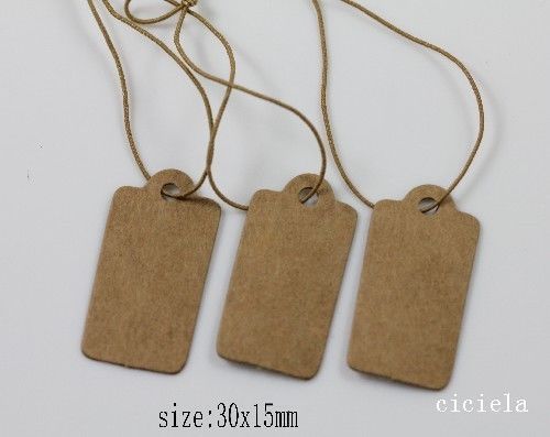 100Pcs Jewelry Price Label Tags Blank Kraft Paper With Elastic String 35x15mm
