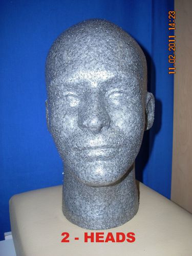 GRAPHITE MALE  (12&#034; TALL) STYROFOAM MANNEQUIN WIG / HAT DISPLAY  (2-heads)