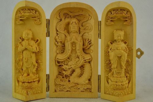 Old Hand Boxwood Carve Kwan-Yin Dragon Exorcise Exorcise Extensible Box Statue