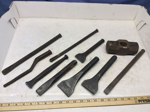 Lot Of Stone Working Chisels And 6 Lb USA Sledge Hammer Head Vintage Chisel