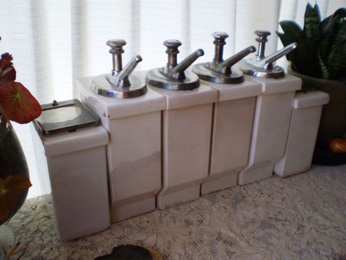 Vintage HALL POTTERY Porcelain SODA FOUNTAIN PUMP SET White STAINLESS Dispensers