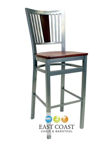 New Steel City Metal Restaurant Bar Stool with Silver Frame &amp; Mahogany Wood Seat