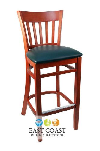 New Gladiator Cherry Vertical Back Wooden Bar Stool with Green Vinyl Seat