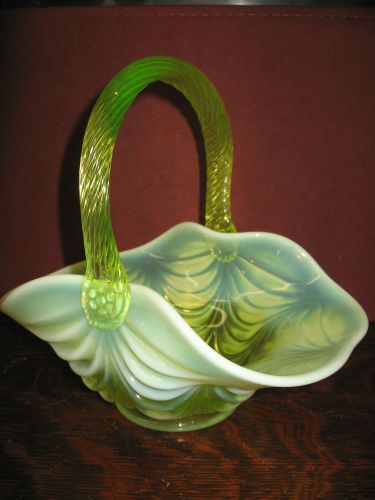 vaseline Opalescent glass candy basket heavy drape pattern fostoria uranium art