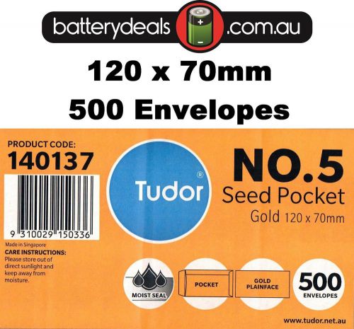 500 Tudor No.5 Seed Pocket Envelopes 120 x 70mm 140137 Gold plainface moist seal
