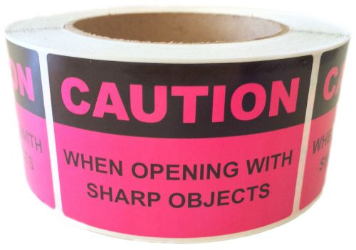Pink &#034;Caution When Opening with Sharp Objects&#034; Labels Stickers 2&#034; by 3&#034; - 500 ct