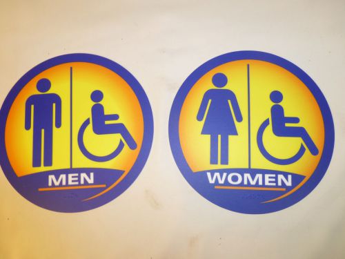 2 New Round Yellow Blue Womens Mens Braille Handicap Restroom SIgns