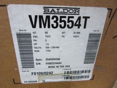 Baldor #vm3554t electric motor 1-1/2 hp, 1725, 145tc, 208-230/460-3 phase new!!! for sale
