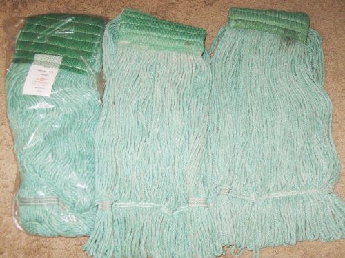 Lot of 3 Green Cotton 4 ply Twisted Loop-End Banded Fantail Mop Heads 15&#034; 16 oz