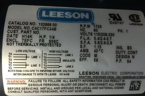 Leeson 102866 1/4HP Motor  115/208-230V  1725rpm 1? 411-2000-010 MR 4112000010