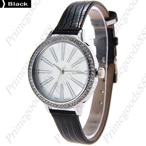 Round Rhinestone Analog Leather Lady Ladies Quartz Wristwatch Women&#039;s Black