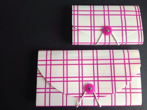 Lot 2 accordion files pink white plaid checked plastic tabs sticker 7 pockets 13 for sale