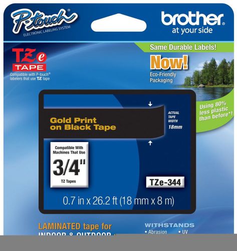 Brother P-Touch 3/4&#034; width Gold Print on Black Tape (TZe-344)