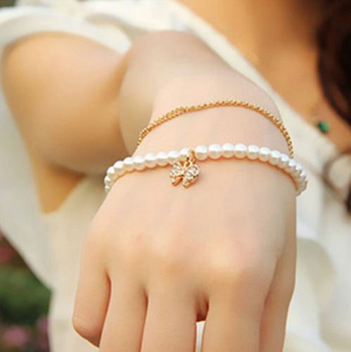 Gold Bow Bracelet Cuff New Womens Jewelry Rhinestone Pendant Multilayer Pearl