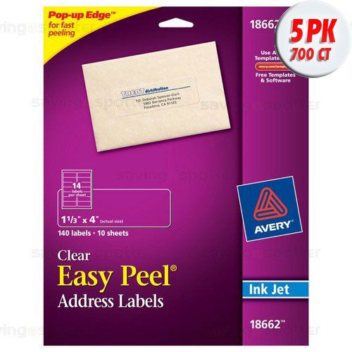 Lot 5 PACKS Avery 88662 140/PK x 5 Easy Peel Clear Inkjet Address Labels